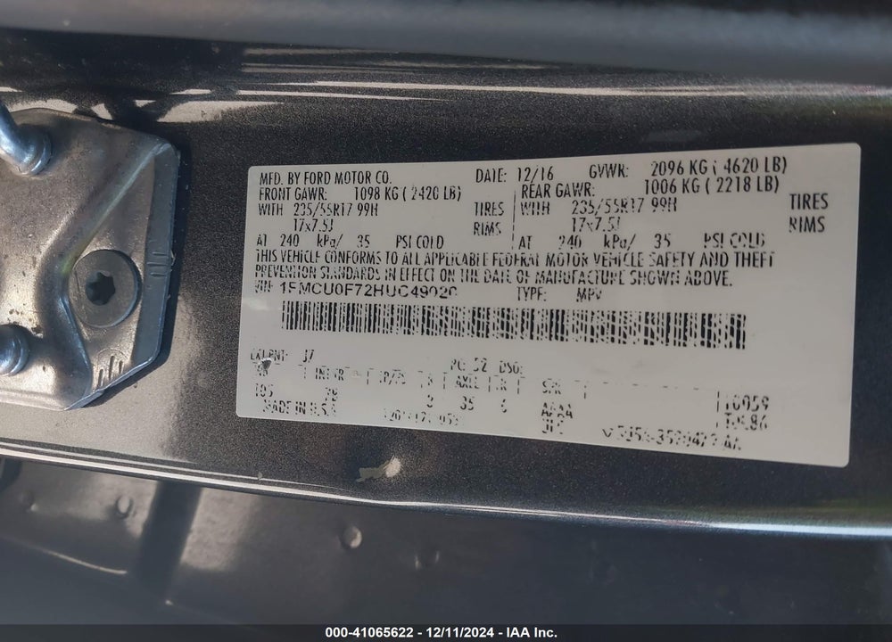 2017 FORD ESCAPE S VIN: 1FMCU0F72HUC49020