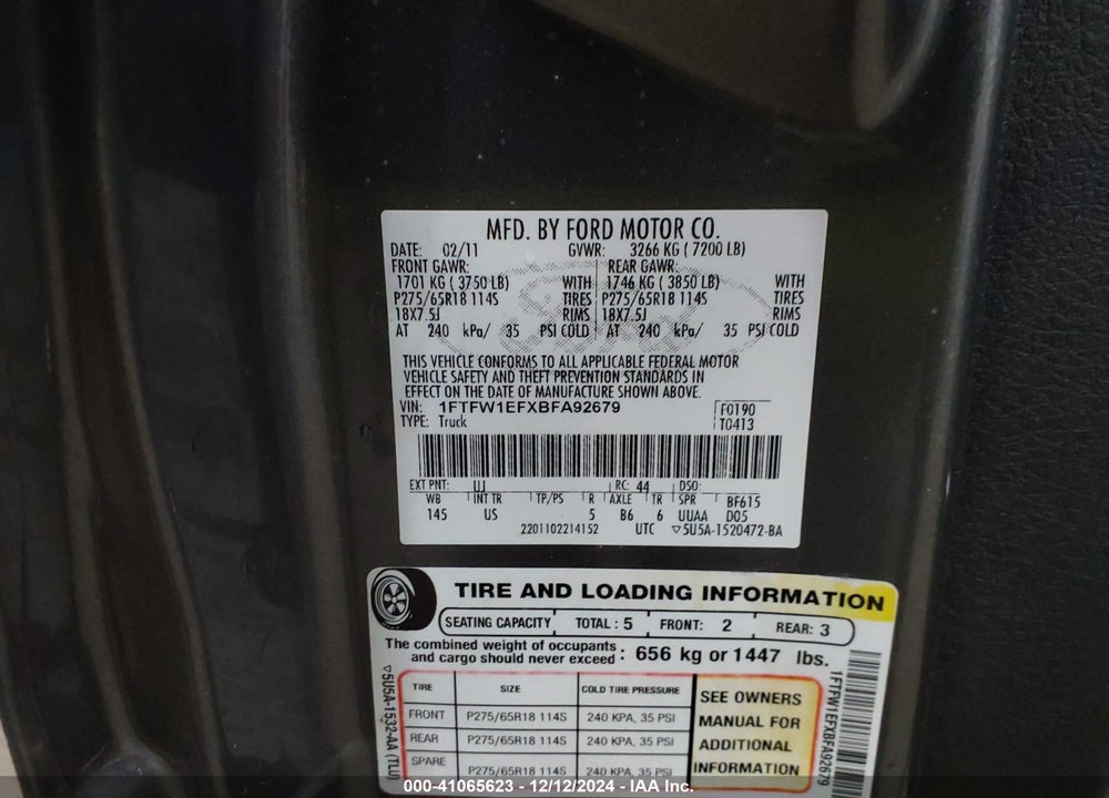 2011 FORD F-150 XLT VIN: 1FTFW1EFXBFA92679