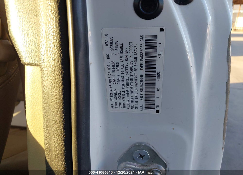 2010 HONDA ACCORD 2.4 EX-L VIN: 1HGCS1B83AA020269
