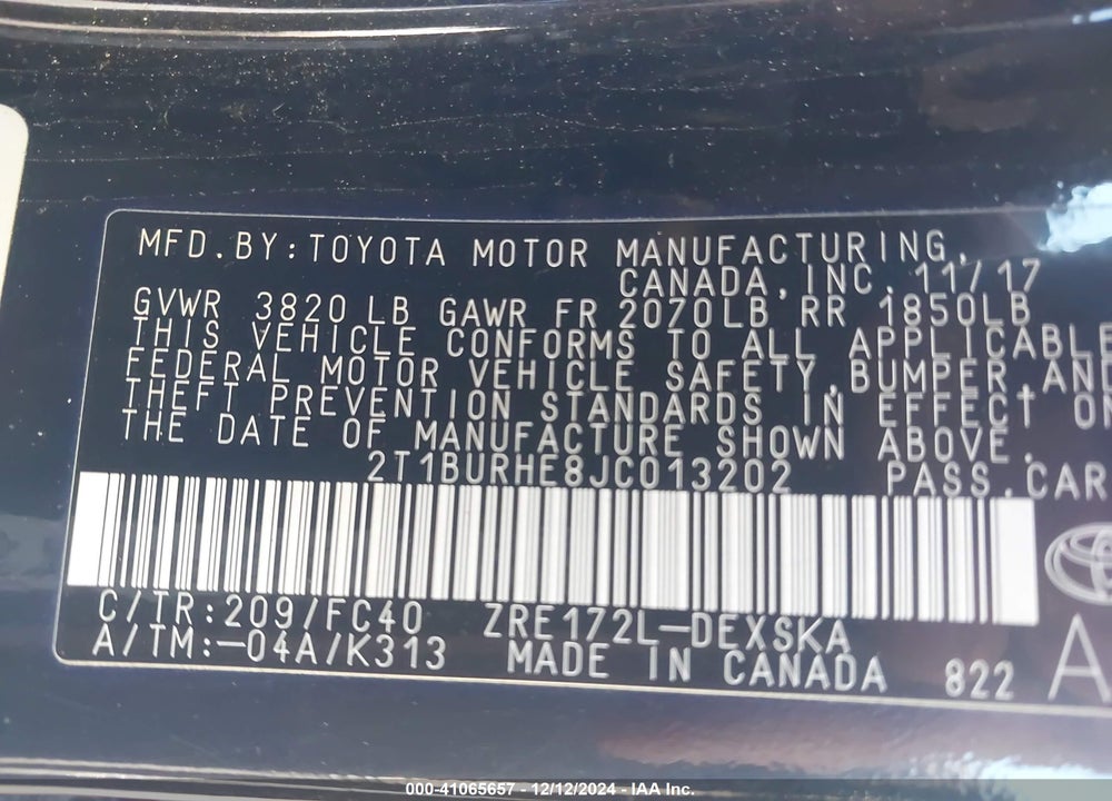 2018 TOYOTA COROLLA L/LE/XLE/SE/XSE VIN: 2T1BURHE8JC013202