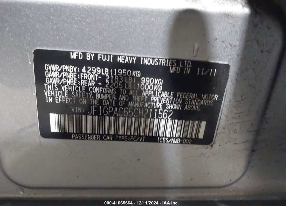 2012 SUBARU IMPREZA 2.0I PREMIUM VIN: JF1GPAC65CH211562