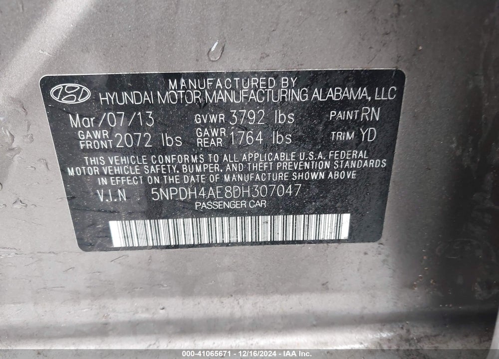 2013 HYUNDAI ELANTRA GLS VIN: 5NPDH4AE8DH307047