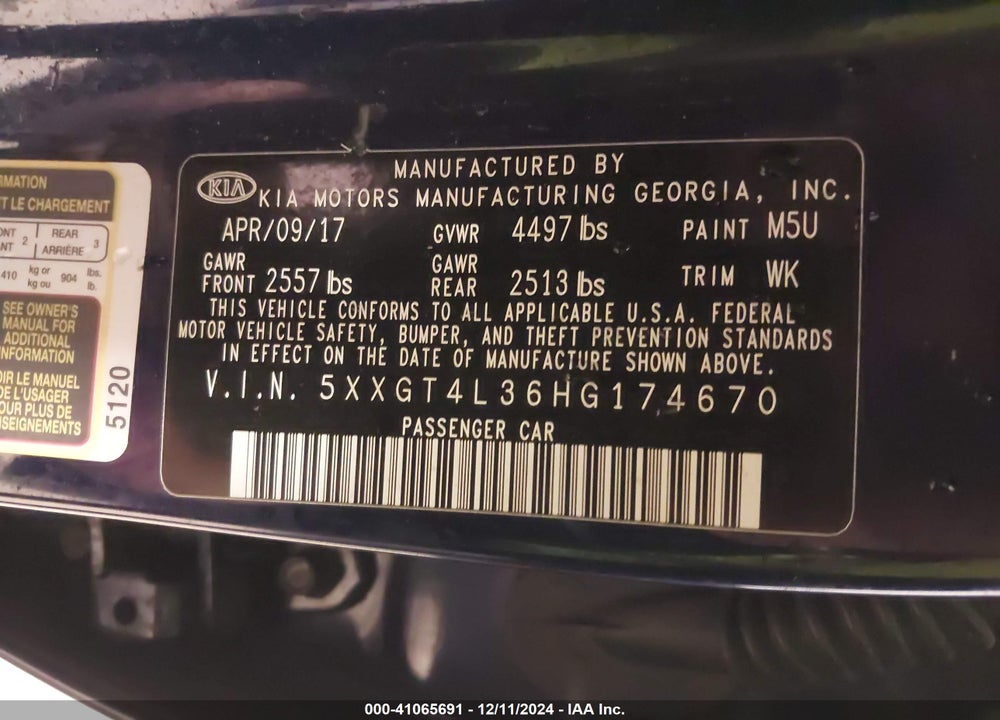 2017 KIA OPTIMA VIN: 5XXGT4L36HG174670