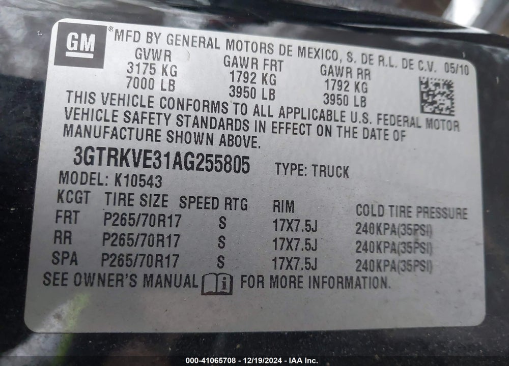 2010 GMC SIERRA 1500 SLE VIN: 3GTRKVE31AG255805