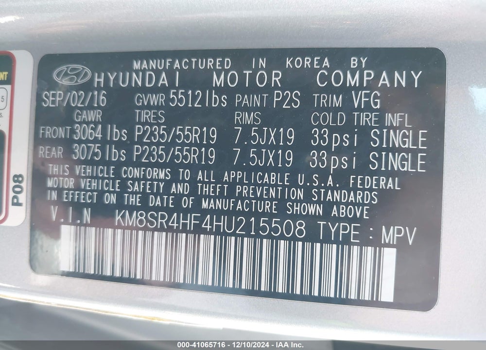 2017 HYUNDAI SANTA FE SE ULTIMATE VIN: KM8SR4HF4HU215508