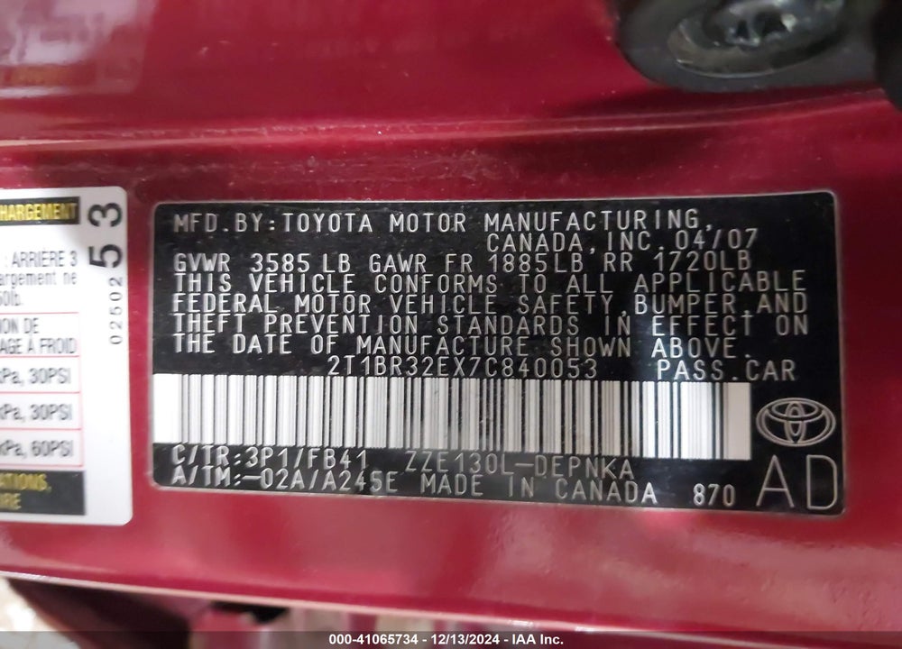 2007 TOYOTA COROLLA LE VIN: 2T1BR32EX7C840053