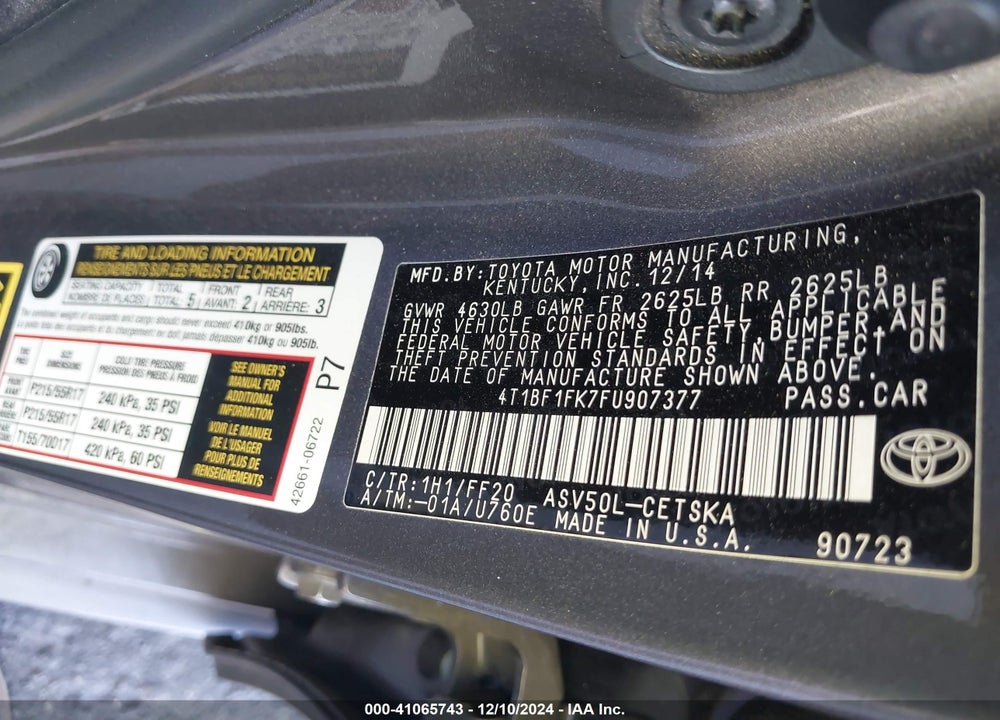 2015 TOYOTA CAMRY SE VIN: 4T1BF1FK7FU907377