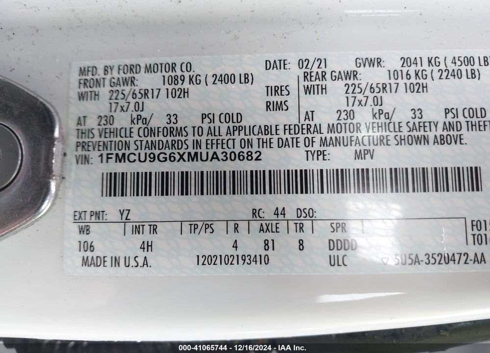 2021 FORD ESCAPE SE VIN: 1FMCU9G6XMUA30682