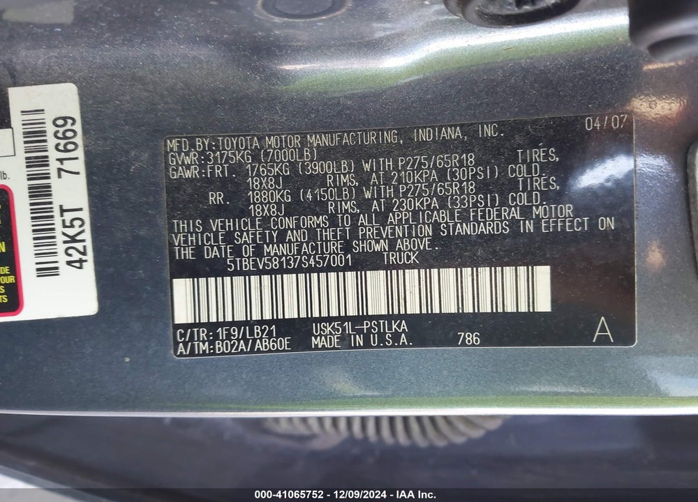2007 TOYOTA TUNDRA LIMITED 5.7L V8 VIN: 5TBEV58137S457001
