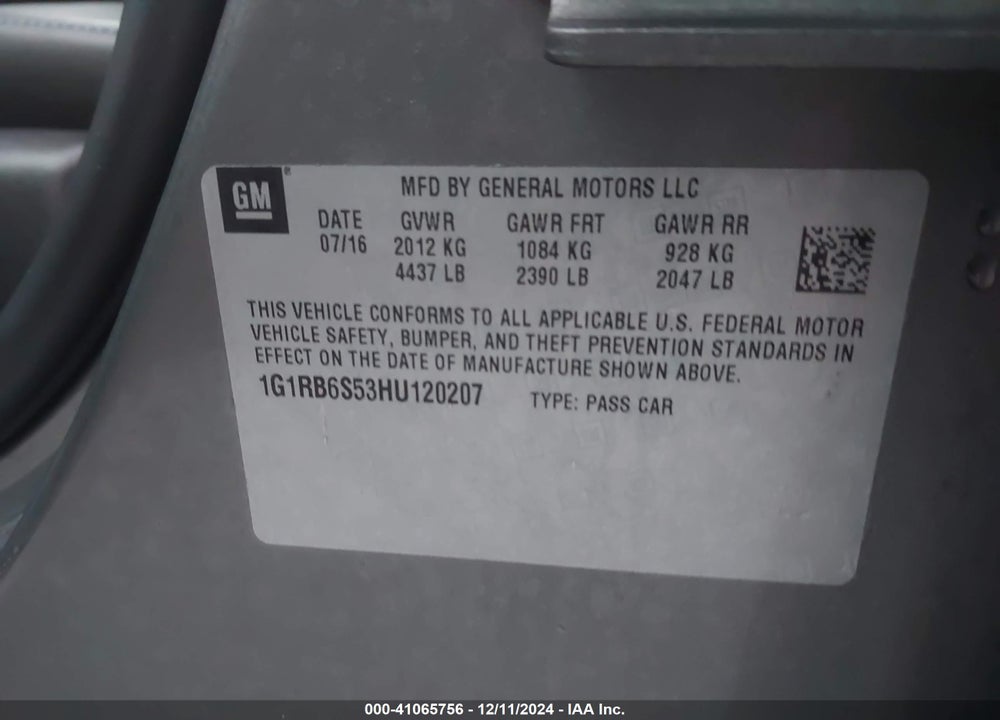 2017 CHEVROLET VOLT PREMIER VIN: 1G1RB6S53HU120207