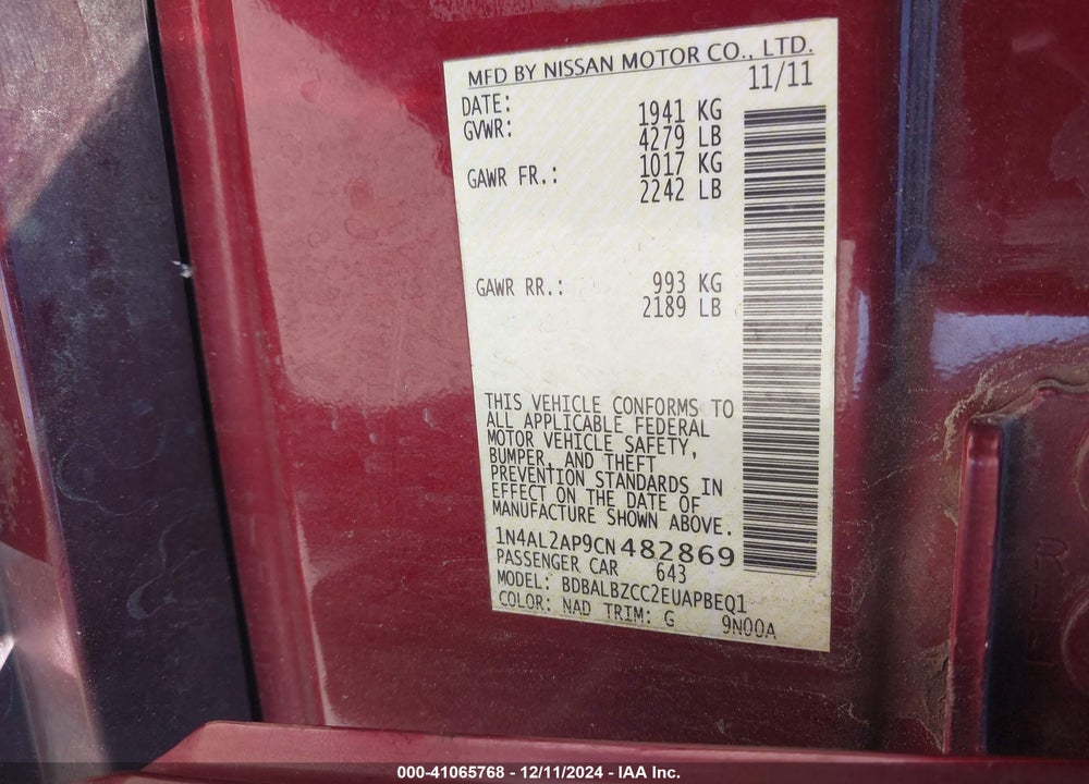 2012 NISSAN ALTIMA 2.5 S VIN: 1N4AL2AP9CN482869