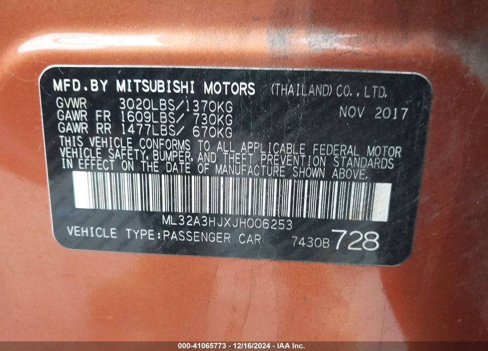 2018 MITSUBISHI MIRAGE ES VIN: ML32A3HJXJH006253