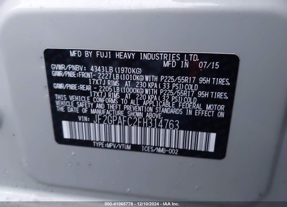2015 SUBARU XV CROSSTREK 2.0I PREMIUM VIN: JF2GPAFC2FH314763