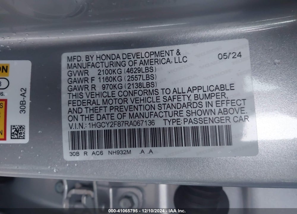 2024 HONDA ACCORD HYBRID TOURING VIN: 1HGCY2F87RA067136