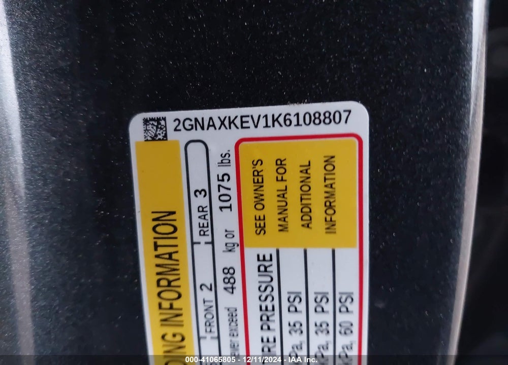 2019 CHEVROLET EQUINOX LT VIN: 2GNAXKEV1K6108807