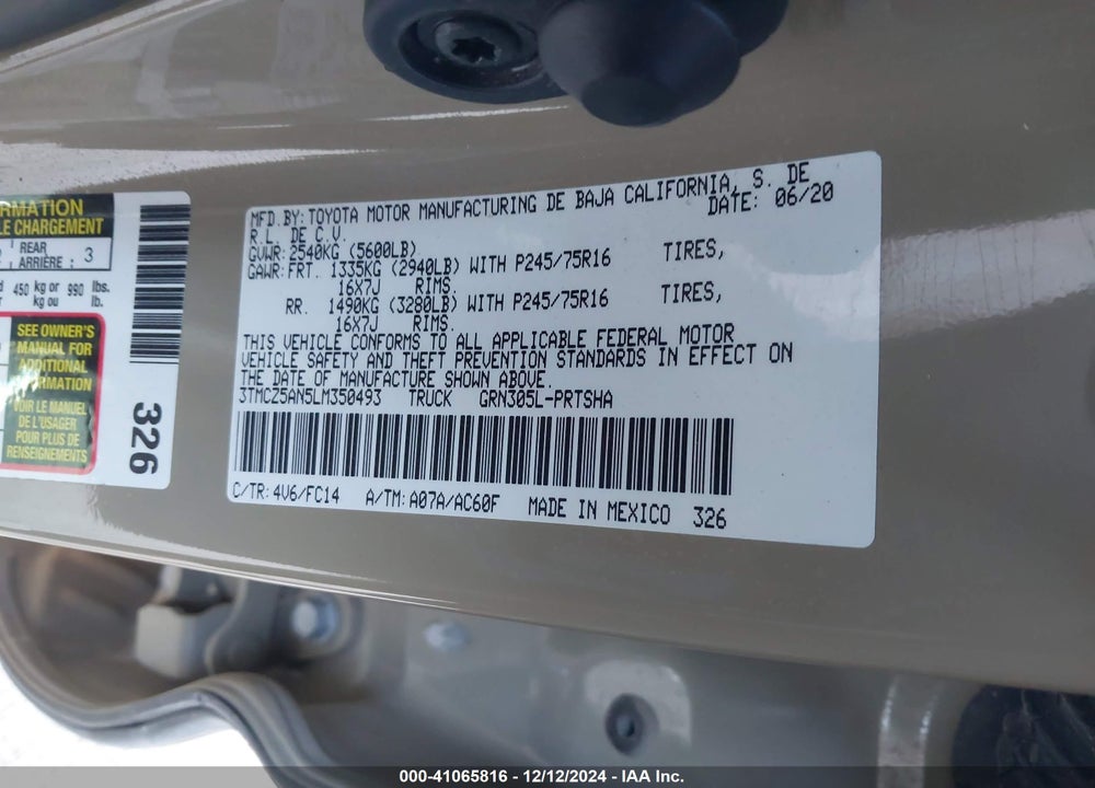 2020 TOYOTA TACOMA SR5 V6 VIN: 3TMCZ5AN5LM350493