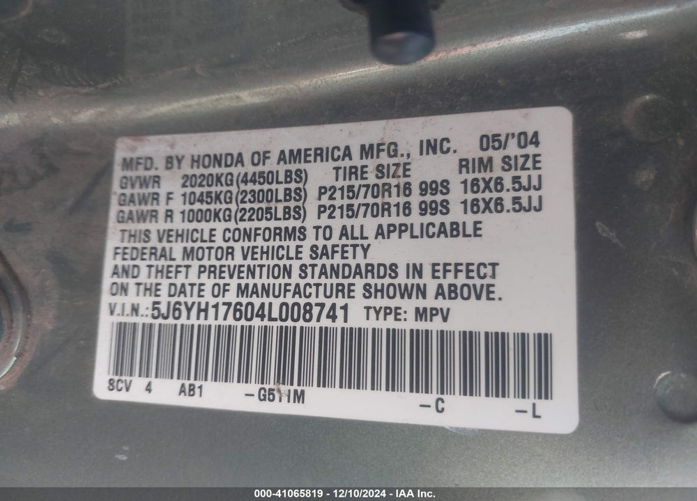 2004 HONDA ELEMENT EX VIN: 5J6YH17604L008741