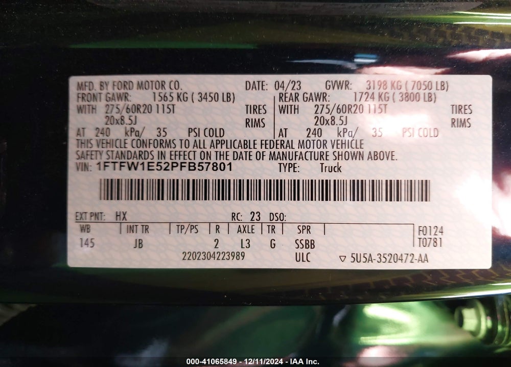 2023 FORD F150 VIN: 1FTFW1E52PFB57801