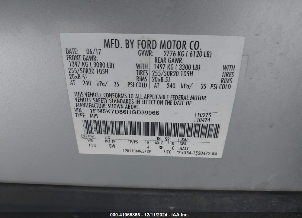 2017 FORD EXPLORER XLT VIN: 1FM5K7D86HGD39966