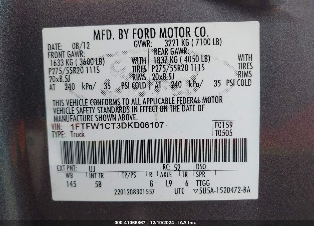 2013 FORD F-150 FX2 VIN: 1FTFW1CT3DKD06107