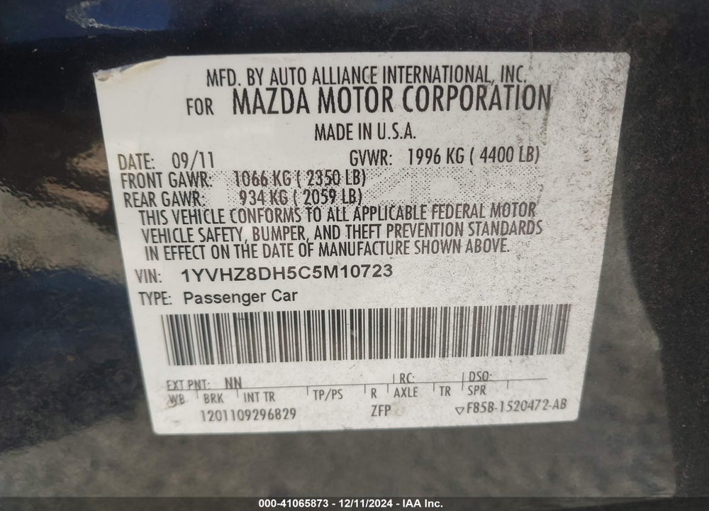 2012 MAZDA 6 I TOURING VIN: 1YVHZ8DH5C5M10723