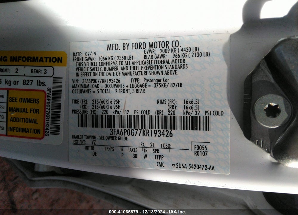 2019 FORD FUSION S VIN: 3FA6P0G77KR193426