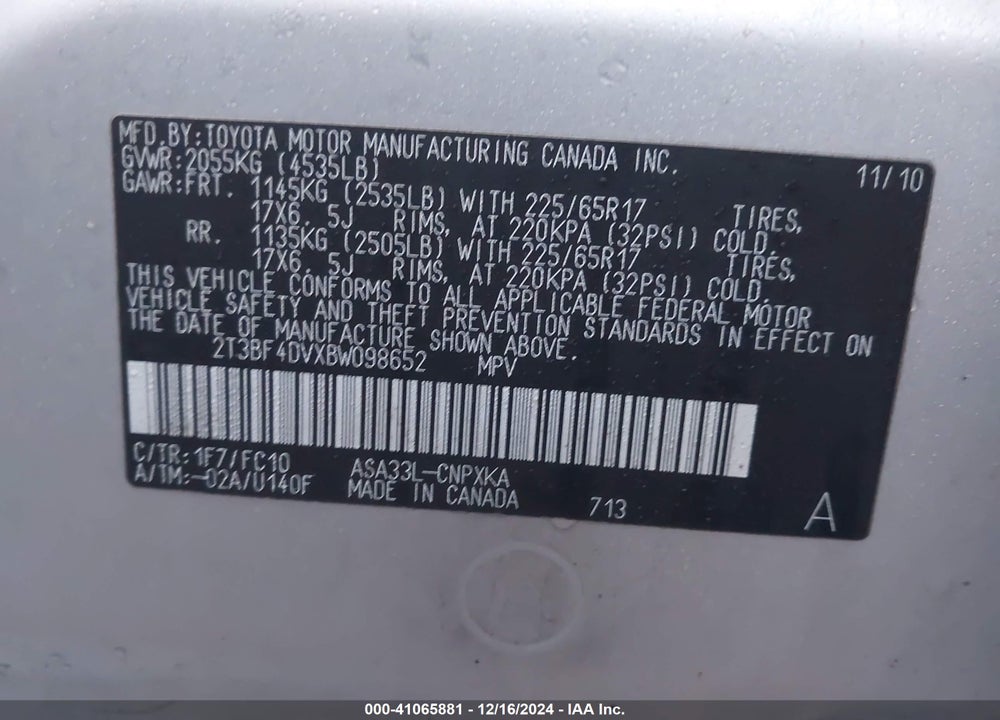 2011 TOYOTA RAV4 VIN: 2T3BF4DVXBW098652