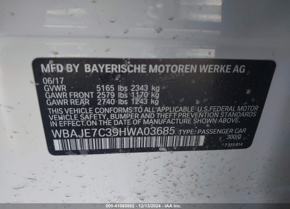 2017 BMW 540I XDRIVE VIN: WBAJE7C39HWA03685