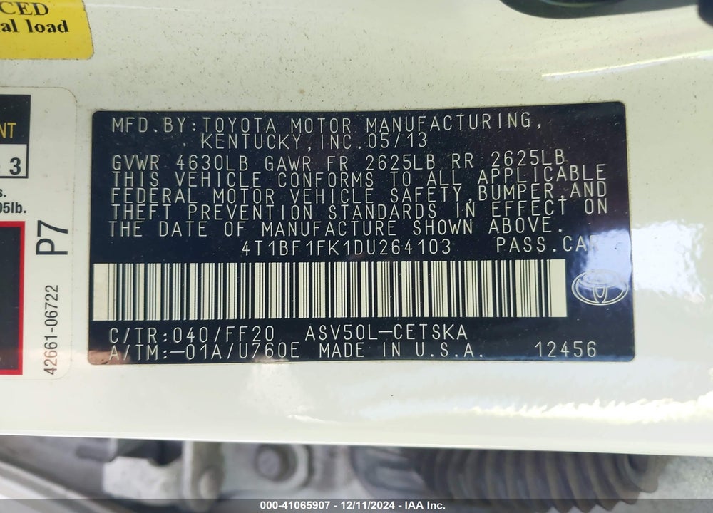 2013 TOYOTA CAMRY SE VIN: 4T1BF1FK1DU264103