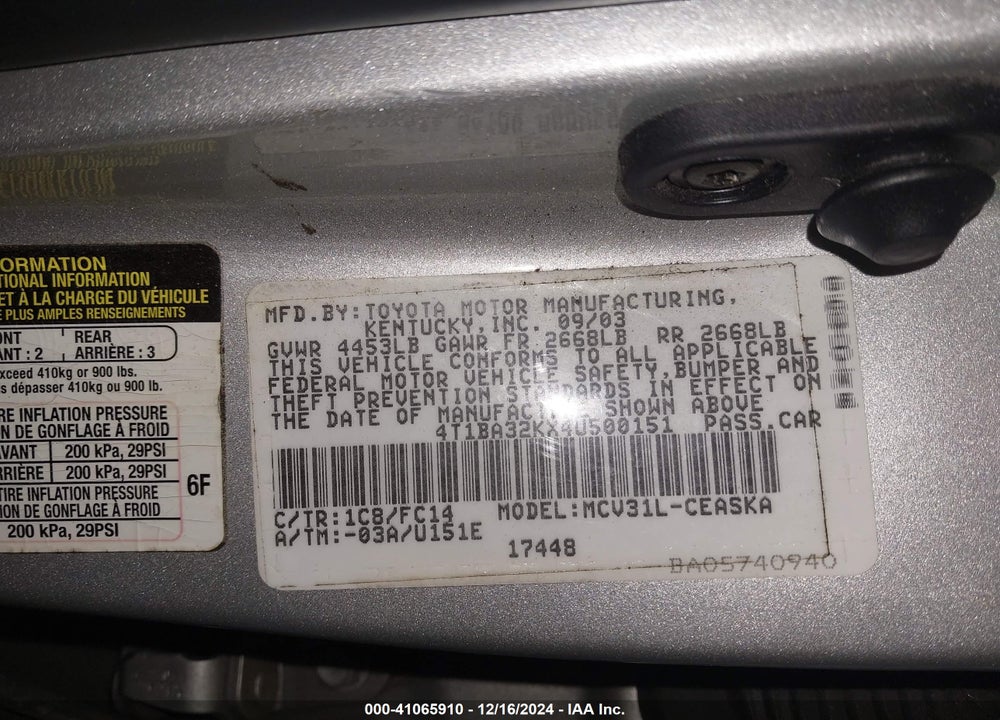 2004 TOYOTA CAMRY SE V6 VIN: 4T1BA32KX4U500151