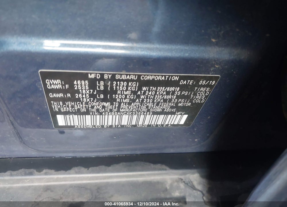 2019 SUBARU OUTBACK 2.5I LIMITED VIN: 4S4BSANCXK3366489