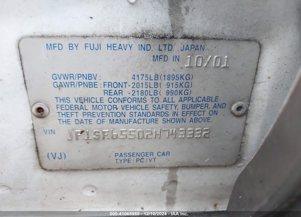 2002 SUBARU FORESTER S VIN: JF1SF65502H743332