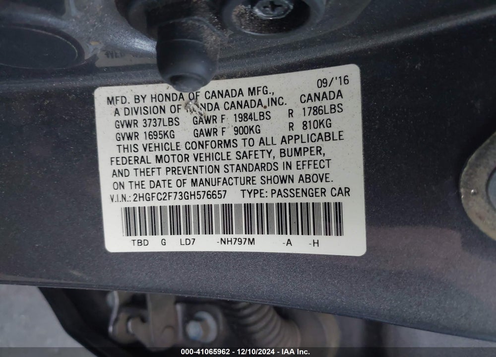 2016 HONDA CIVIC EX VIN: 2HGFC2F73GH576657