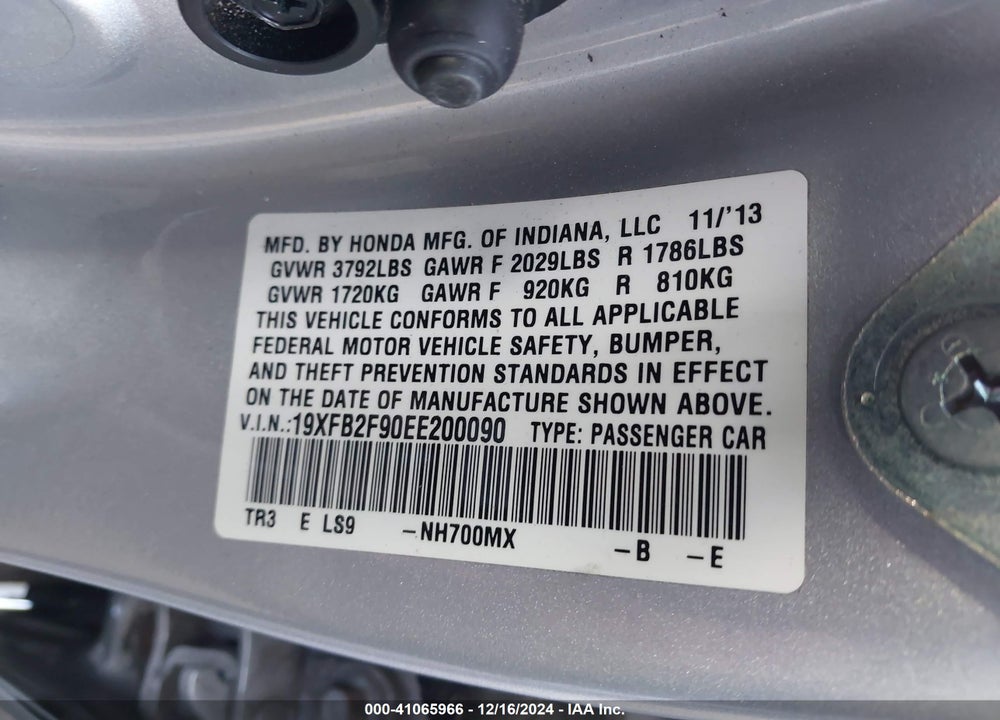 2014 HONDA CIVIC EX-L VIN: 19XFB2F90EE200090