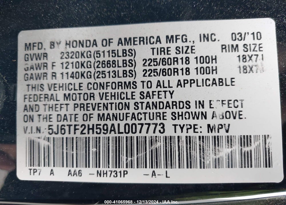 2010 HONDA ACCORD CROSSTOUR EX-L VIN: 5J6TF2H59AL007773