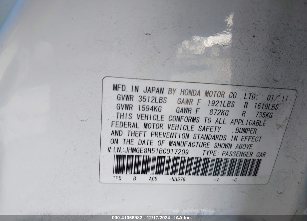 2011 HONDA FIT SPORT VIN: JHMGE8H51BC017209