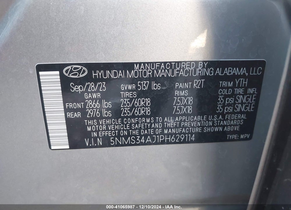 2023 HYUNDAI SANTA FE SEL VIN: 5NMS34AJ1PH629114