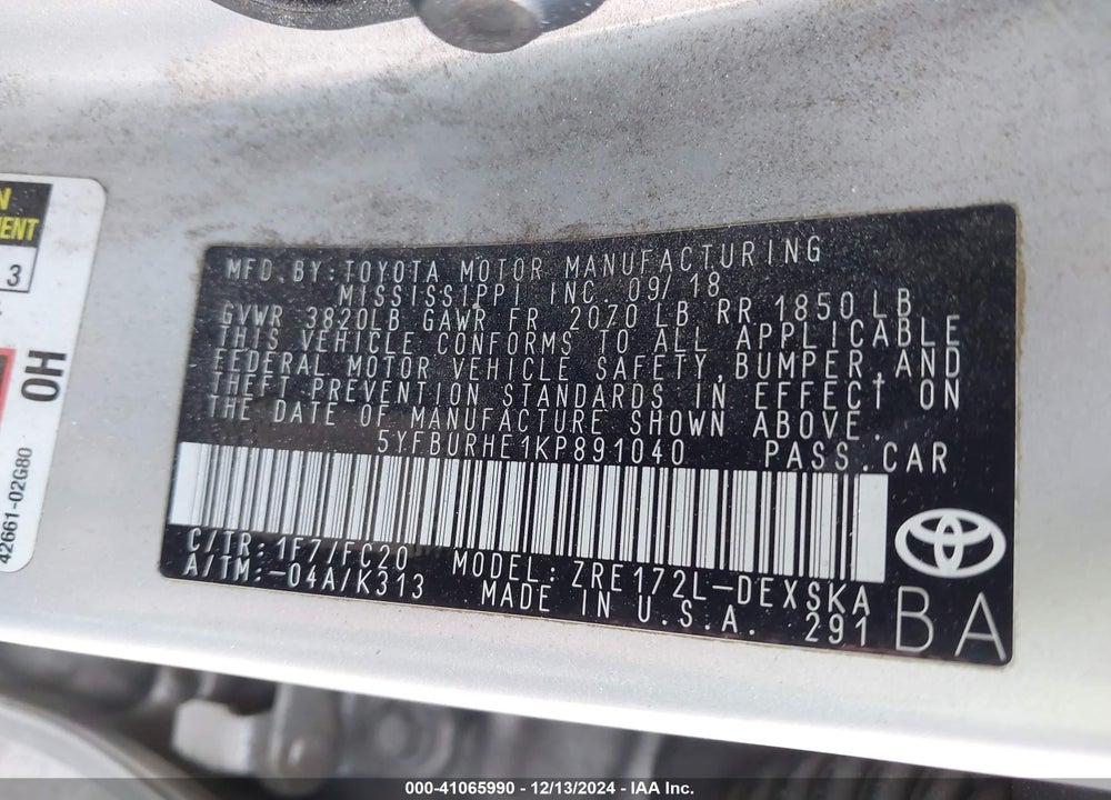 2019 TOYOTA COROLLA SE VIN: 5YFBURHE1KP891040