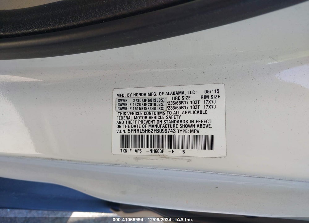 2015 HONDA ODYSSEY EX-L VIN: 5FNRL5H62FB099743