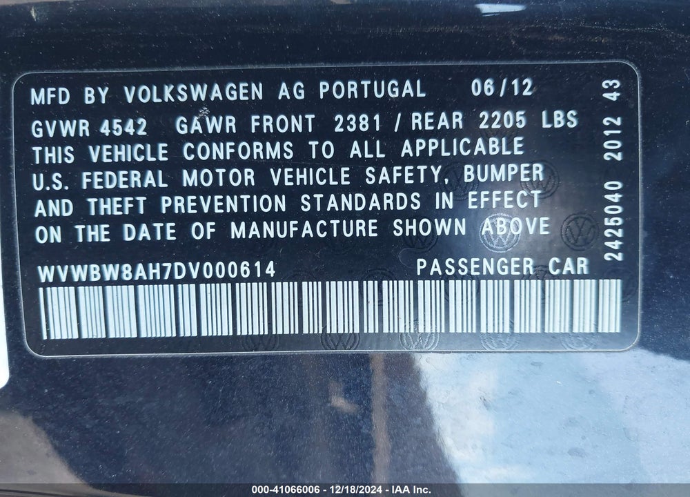 2013 VOLKSWAGEN EOS SPORT VIN: WVWBW8AH7DV000614