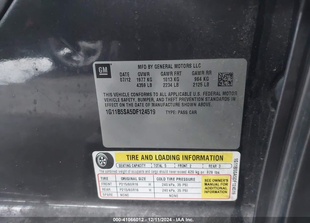 2013 CHEVROLET MALIBU VIN: 1G11B5SA5DF124519