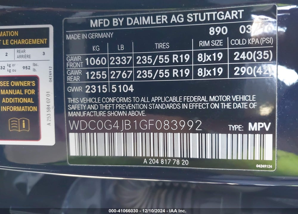 2016 MERCEDES-BENZ GLC 300 VIN: WDC0G4JB1GF083992