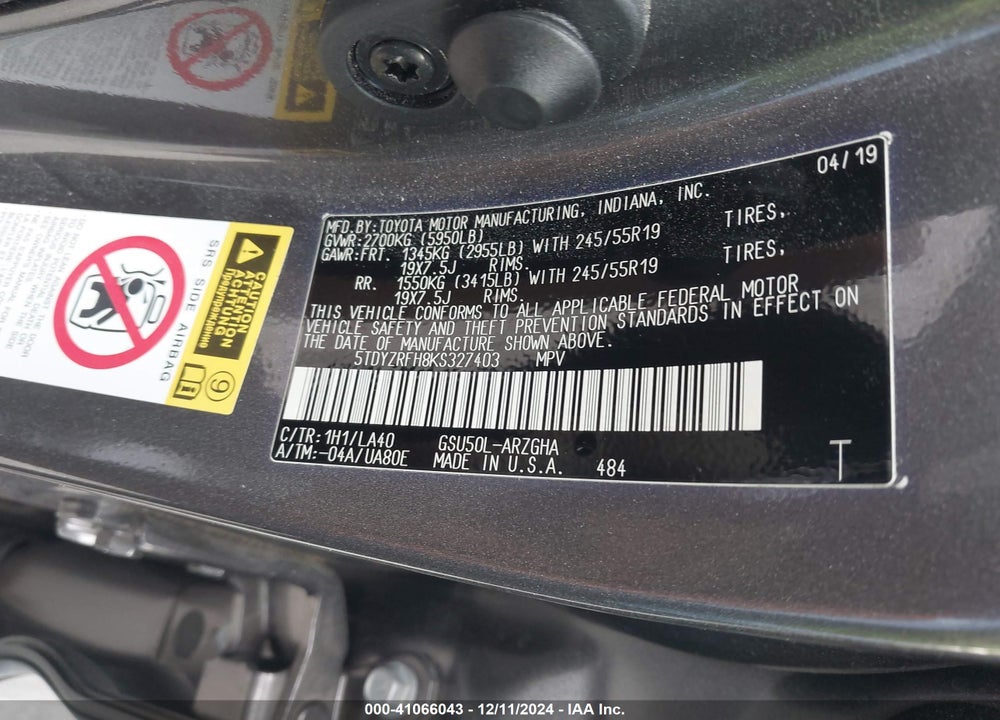 2019 TOYOTA HIGHLANDER LIMITED VIN: 5TDYZRFH8KS327403