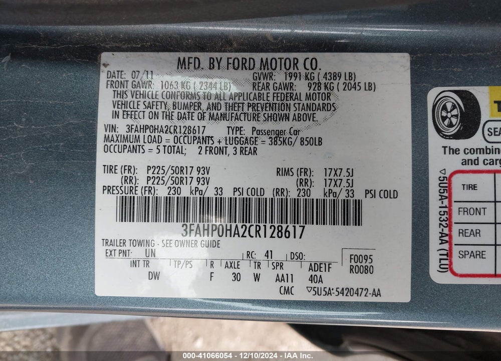2012 FORD FUSION VIN: 3FAHP0HA2CR128617