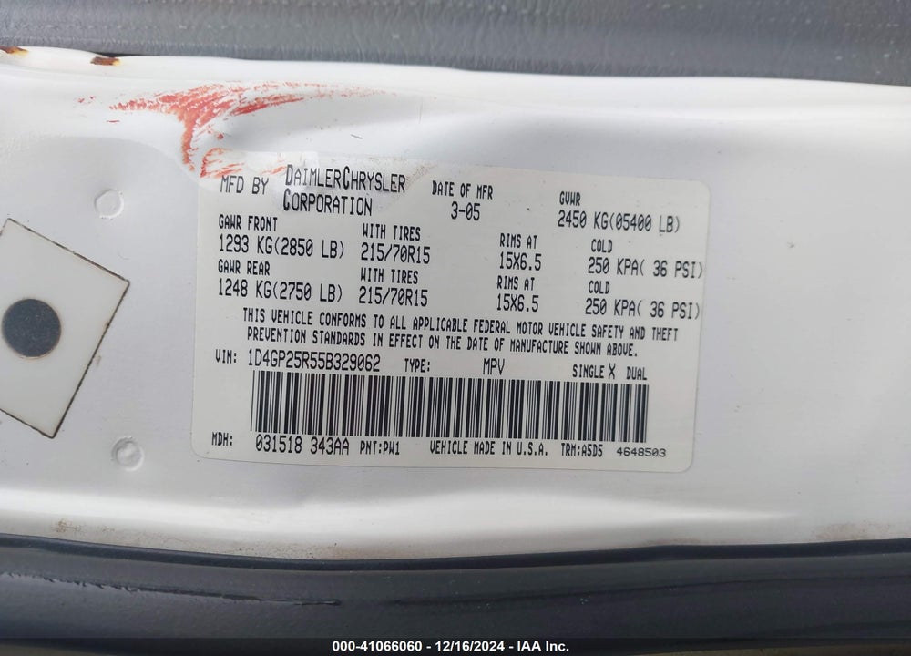 2005 DODGE CARAVAN SE VIN: 1D4GP25R55B329062