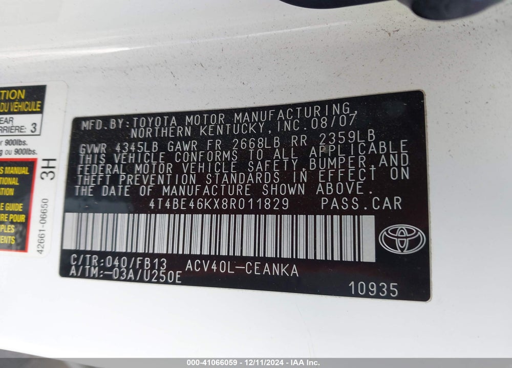 2008 TOYOTA CAMRY VIN: 4T4BE46KX8R011829
