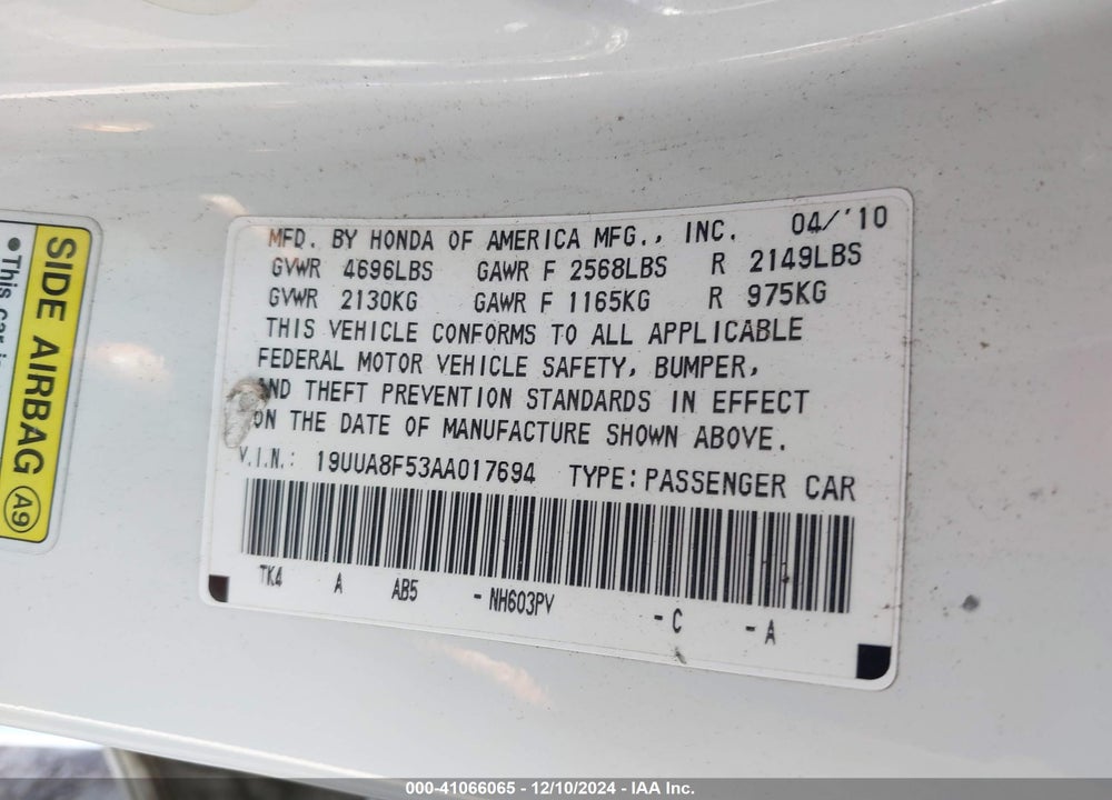 2010 ACURA TL 3.5 VIN: 19UUA8F53AA017694