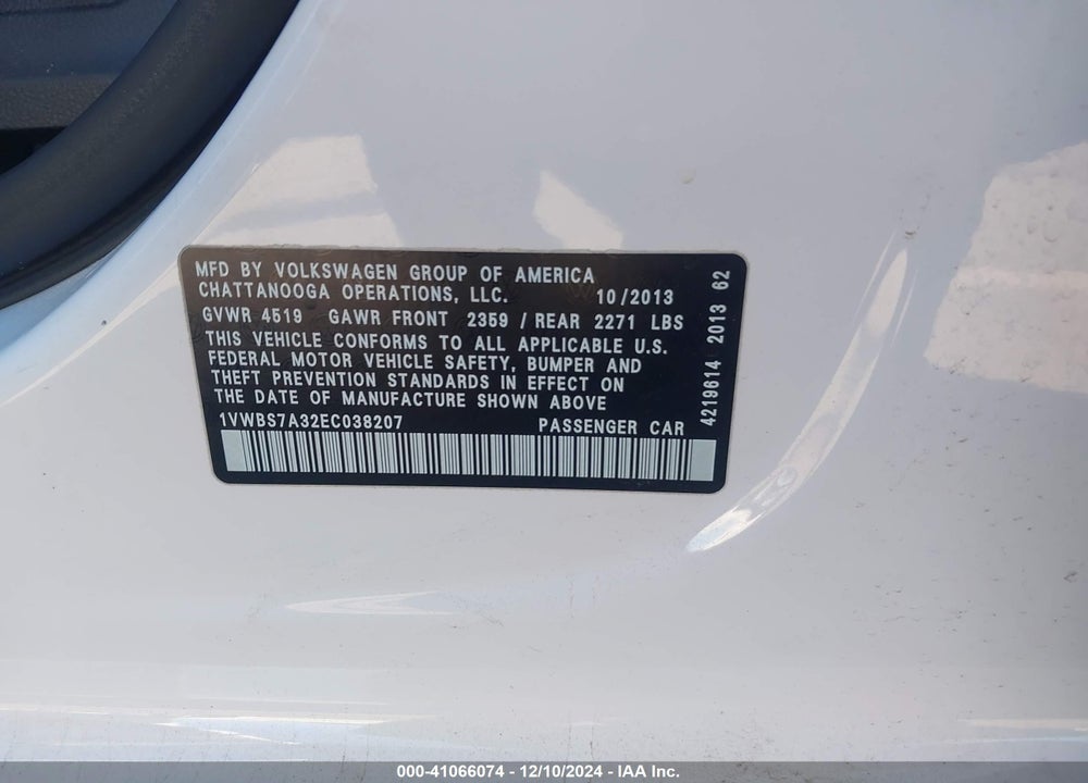 2014 VOLKSWAGEN PASSAT 1.8T SE VIN: 1VWBS7A32EC038207