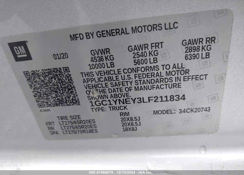 2020 CHEVROLET SILVERADO 2500HD 4WD STANDARD BED LT VIN: 1GC1YNEY3LF211834