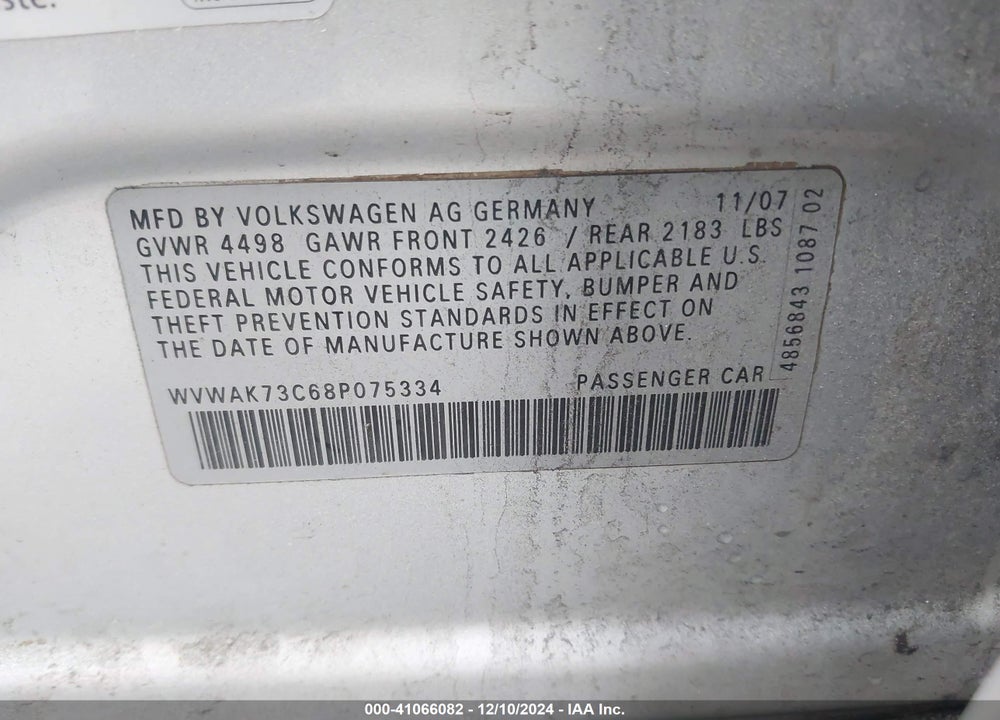 2008 VOLKSWAGEN PASSAT KOMFORT VIN: WVWAK73C68P075334